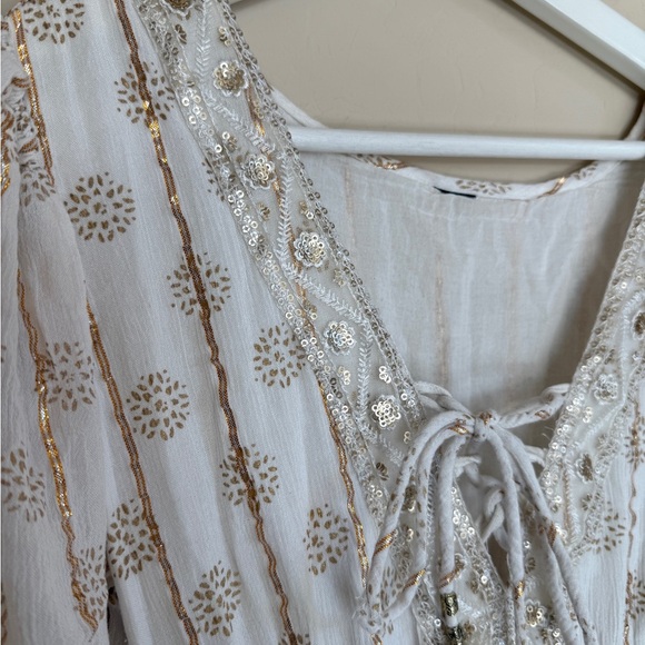 Boho White Maxi Metallic Detail White Gold Women's Puff Sleeve Dress - Picture 3 of 8